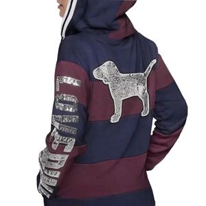 Pink VS Bling Sequin Dog Rugby Pullover Zip Hoodie Maroon